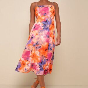 Lulus Radiant Feelings Orange And Purple Floral Chiffon Midi Dress - Size XL